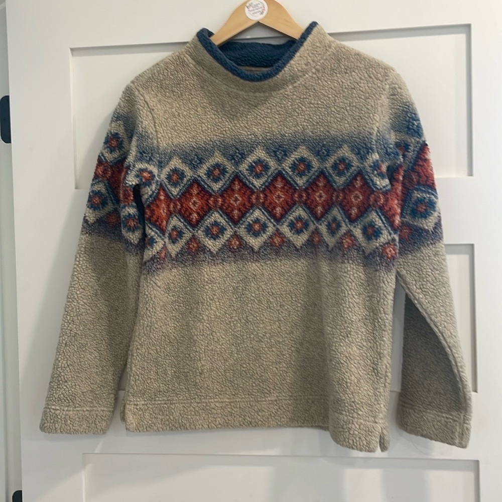 Vintage Cabela's Gray Sherpa Fleece Pullover Aztec Print Sweater Women's Sz M